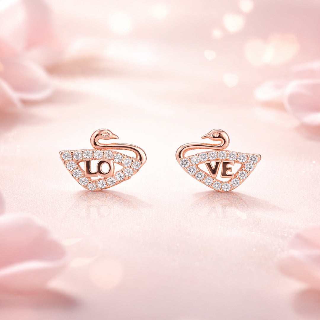 Swan Love 925 Sterling Silver Rose Gold Stud