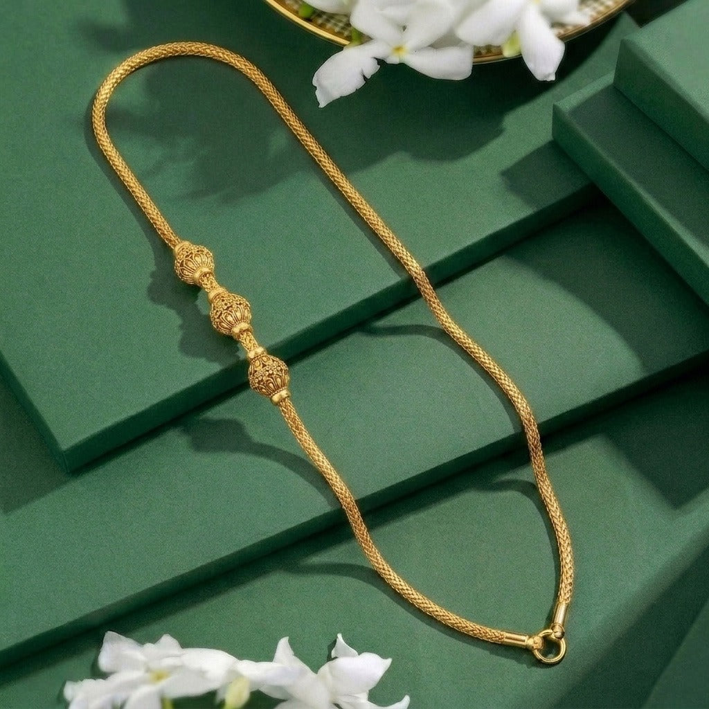 Temple Style Mugappu Bead 925 Sterling Silver Thali Chain for Women