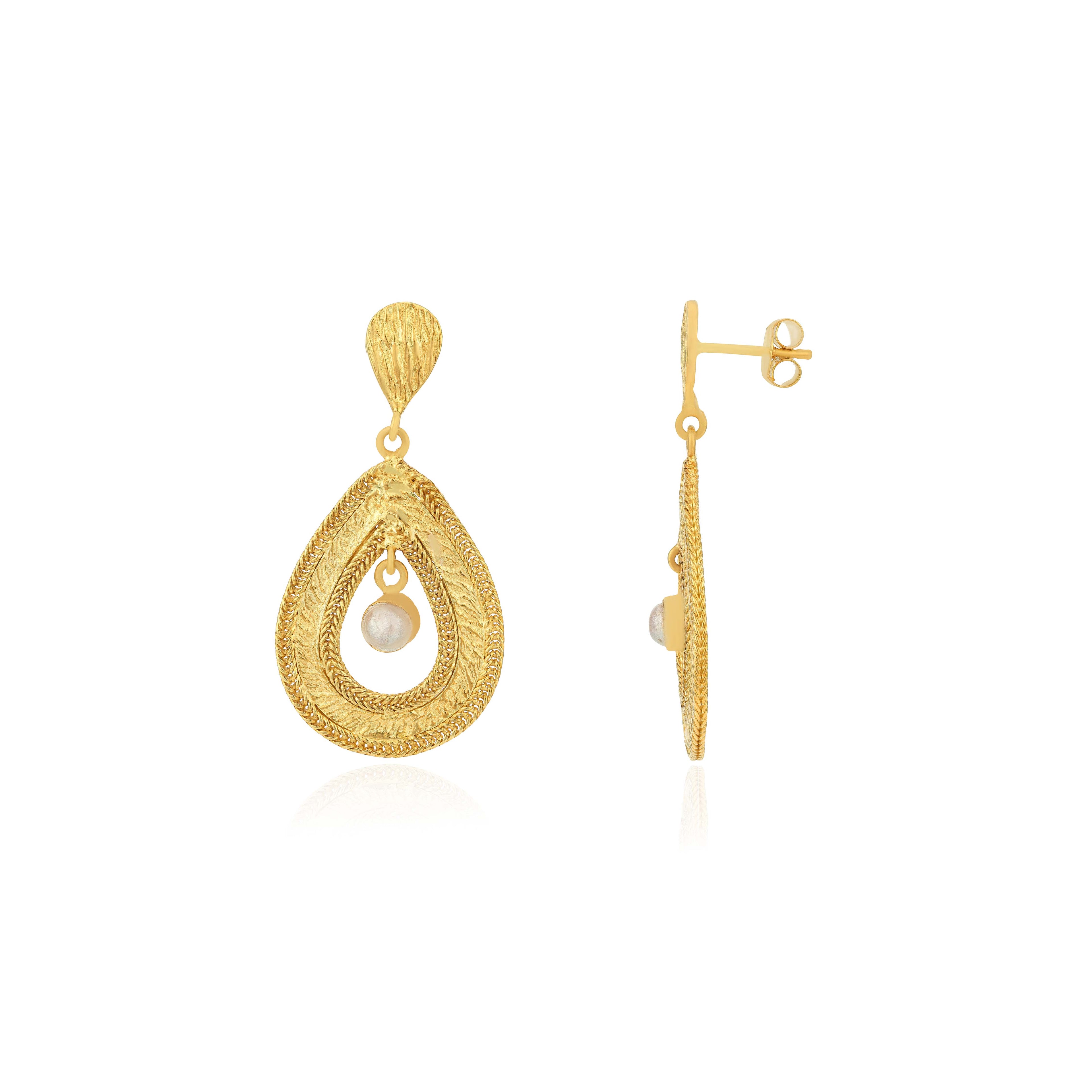 Textured Golden Dewdrop 925 Sterling Silver Earring