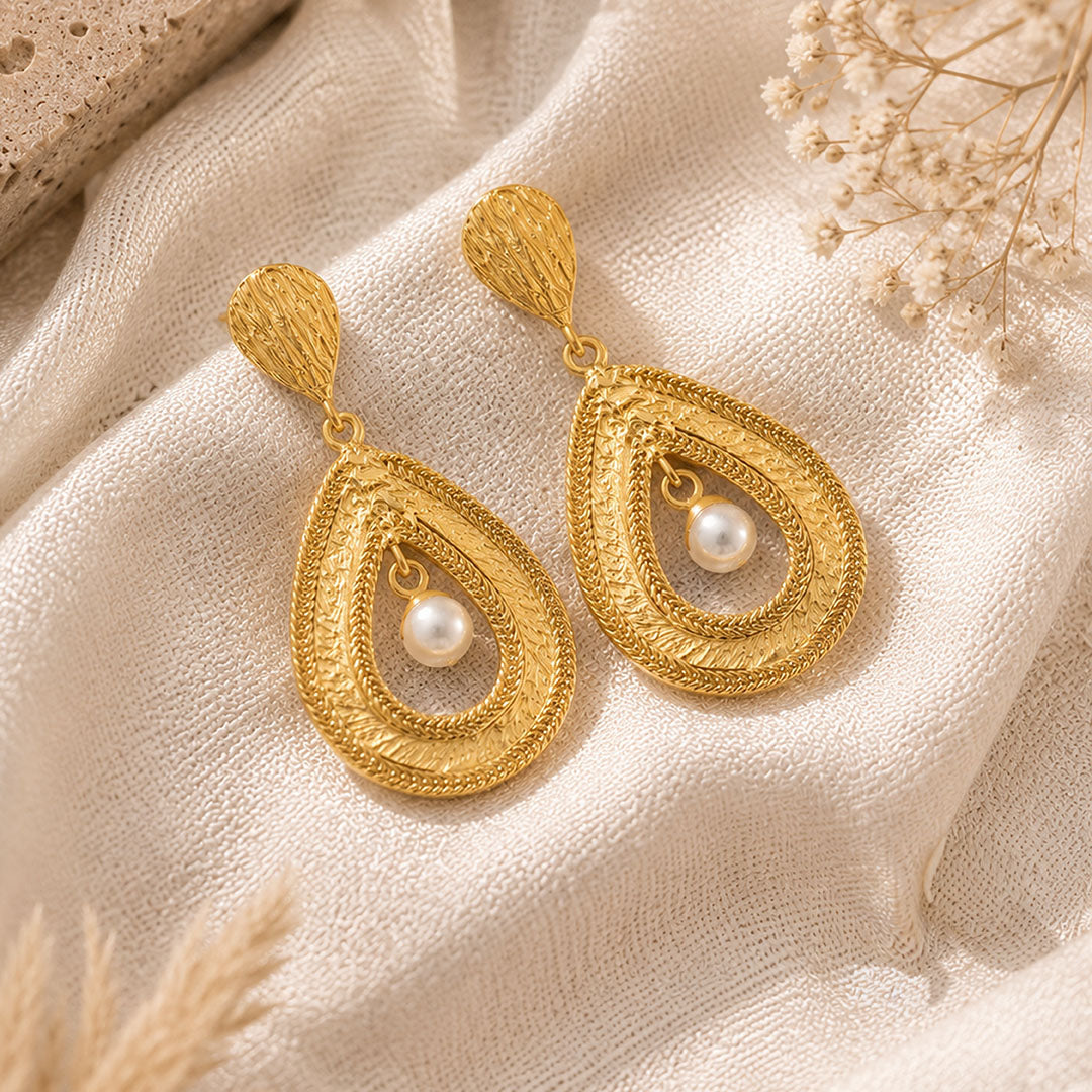 Textured Golden Dewdrop 925 Sterling Silver Earring