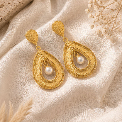Textured Golden Dewdrop 925 Sterling Silver Earring