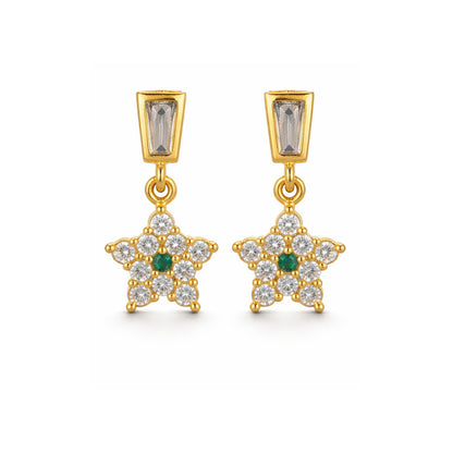 Gold star-shaped earrings with green and clear gemstones on a white background