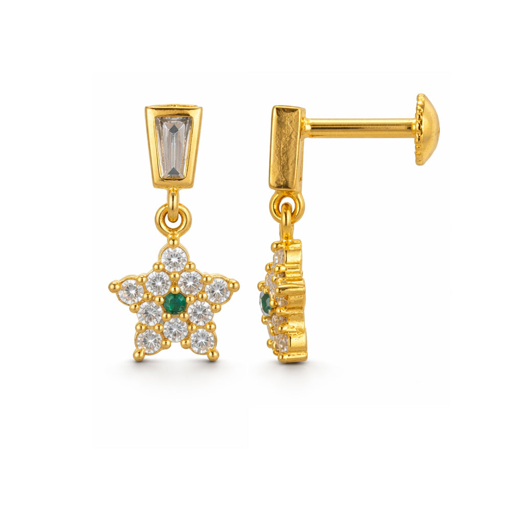 Gold earrings with star-shaped pendant and gemstones on a white background