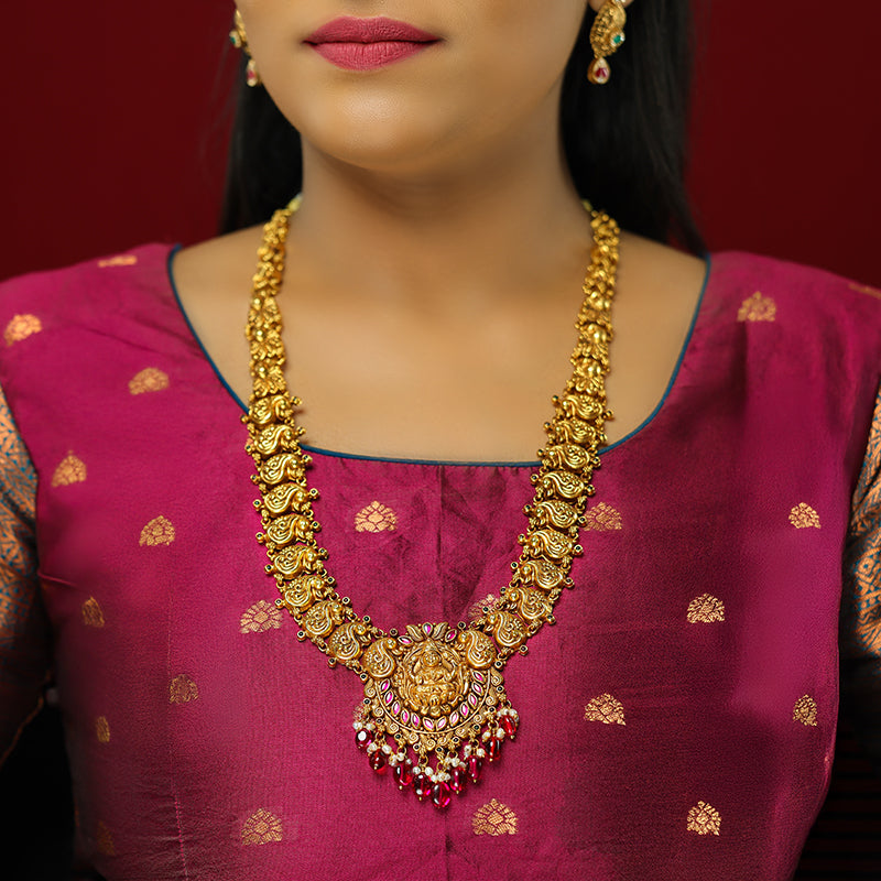 Timeless Lakshmi Peacock designed 925 Gold Plated Beads Drop Haram