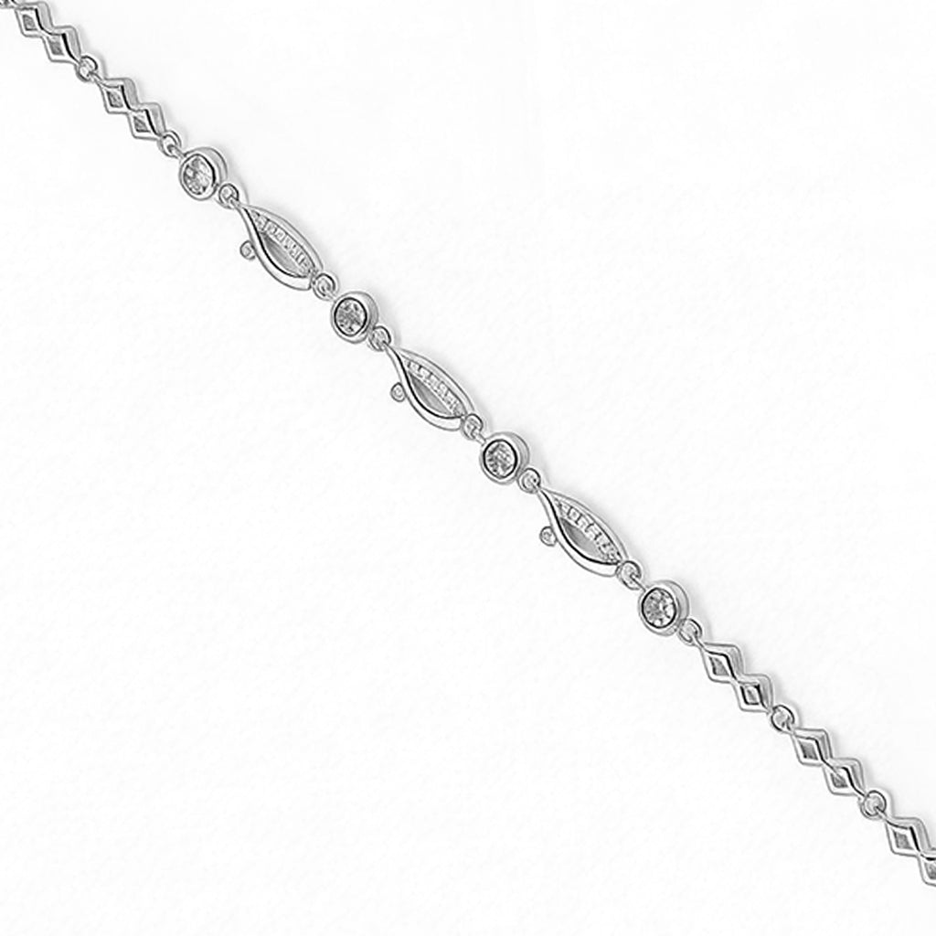 Silver bracelet with diamond accents on a white background