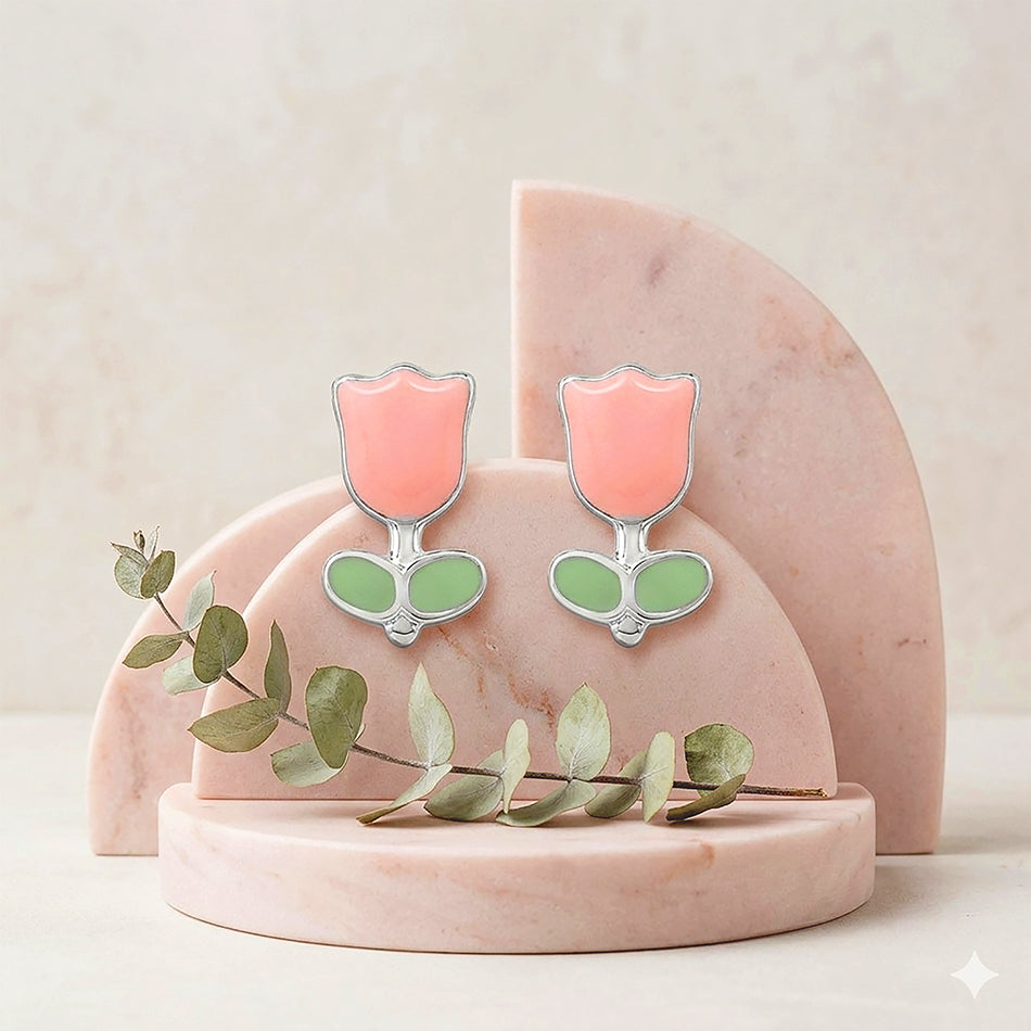 Tiny Pink Tulip 925 Sterling Silver Stud for Kids