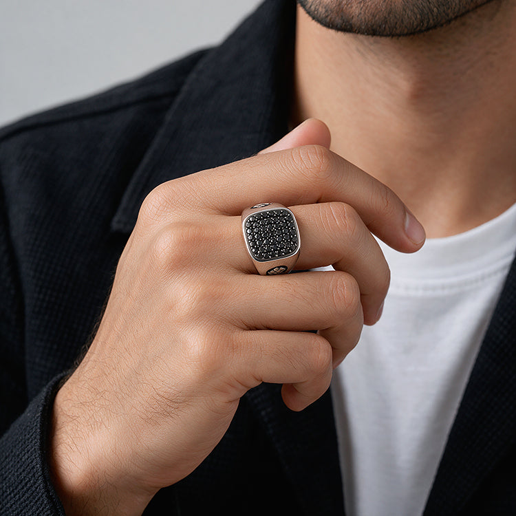 Titanium Squared Sterling Silver Black Stone Ring