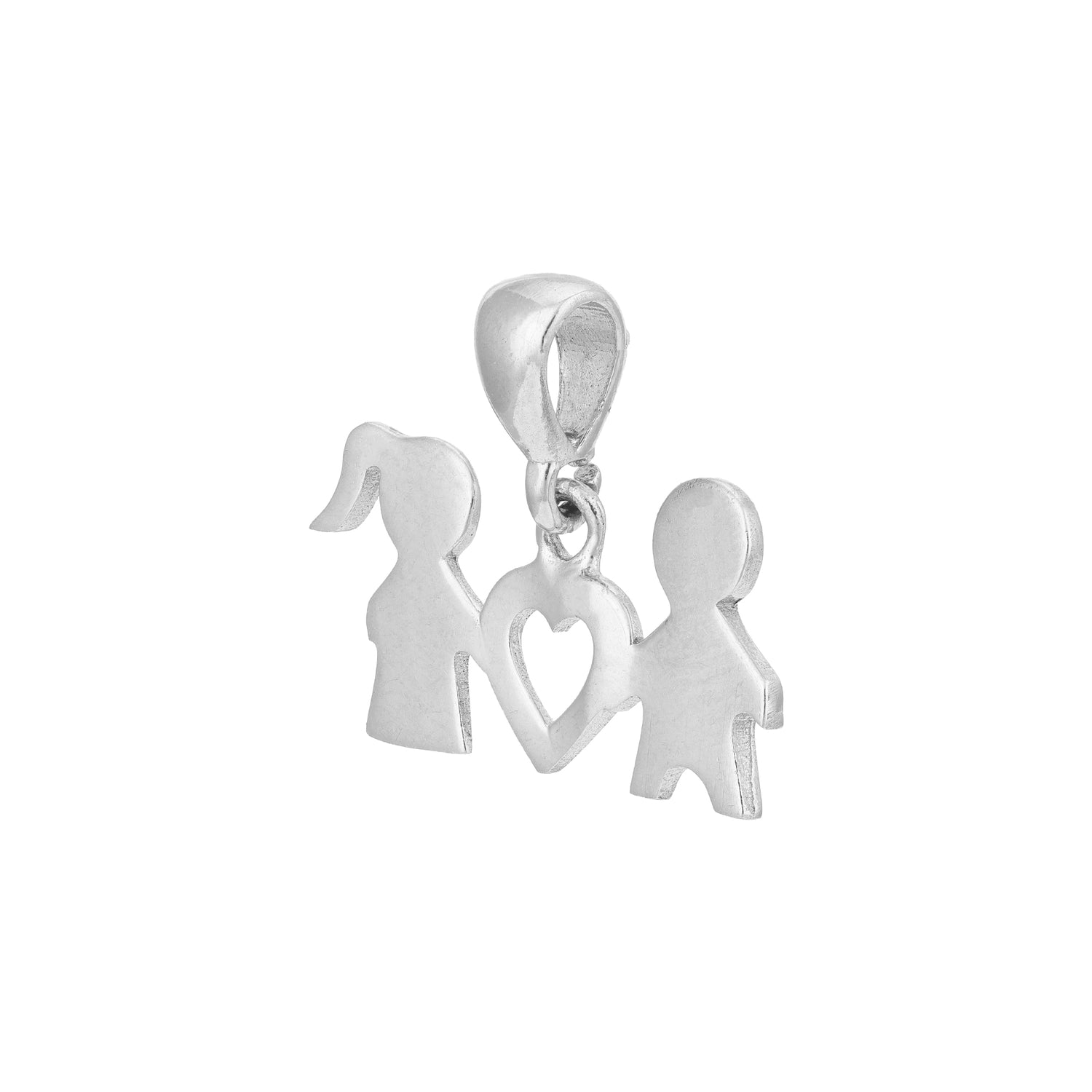Silver pendant with two figures and a heart on a white background