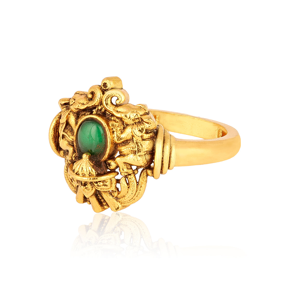 Traditional Elephant Motif 925 Silver Green Stone Ring for Women