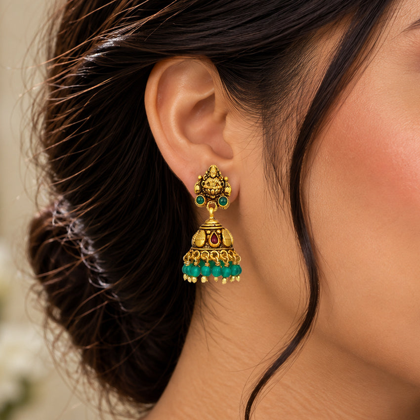 Traditional Goddess Lakshmi 925 Sterling Silver Green Drop Jhumka for Women