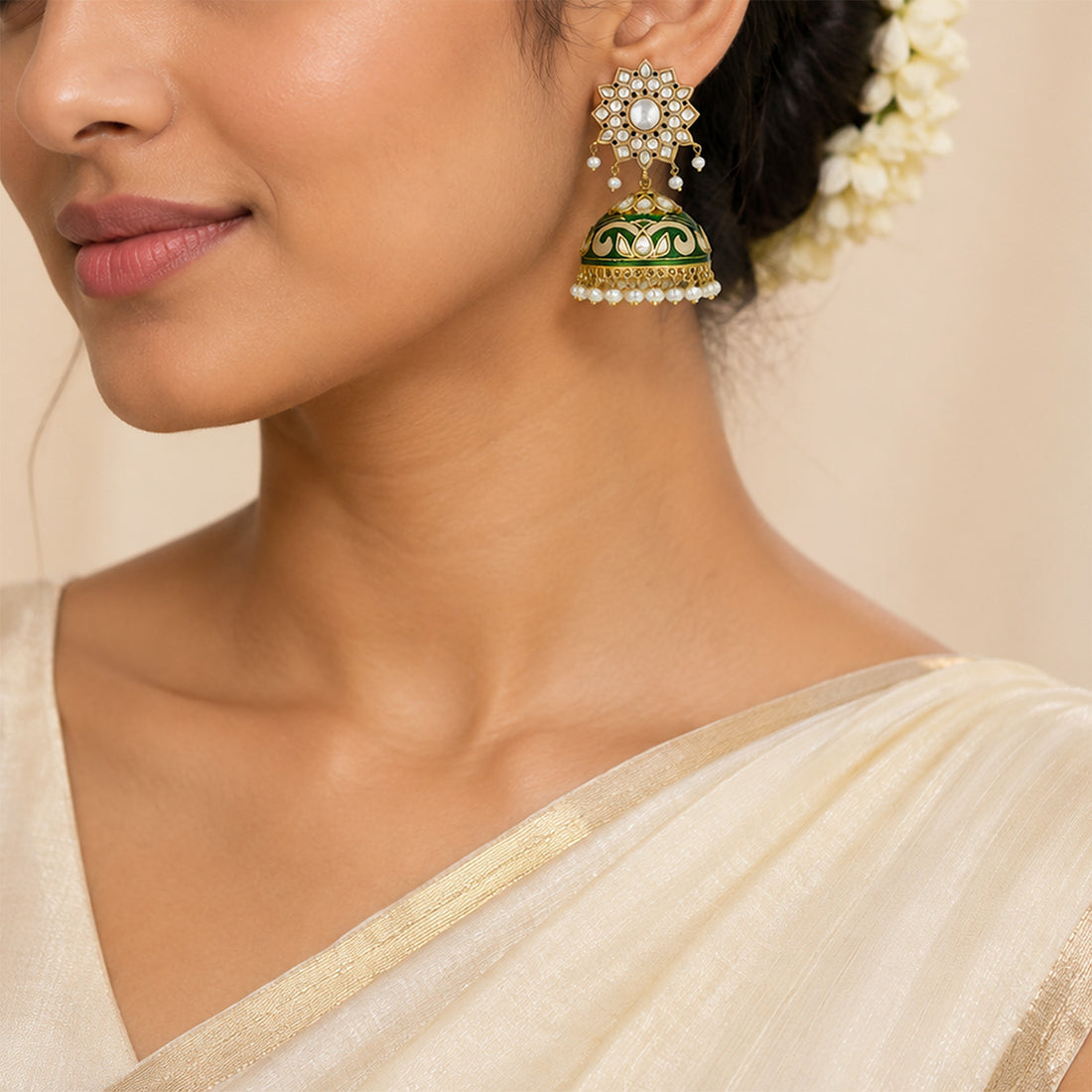 Traditional Kundan Jhumka 925 Sterling Silver Earrings