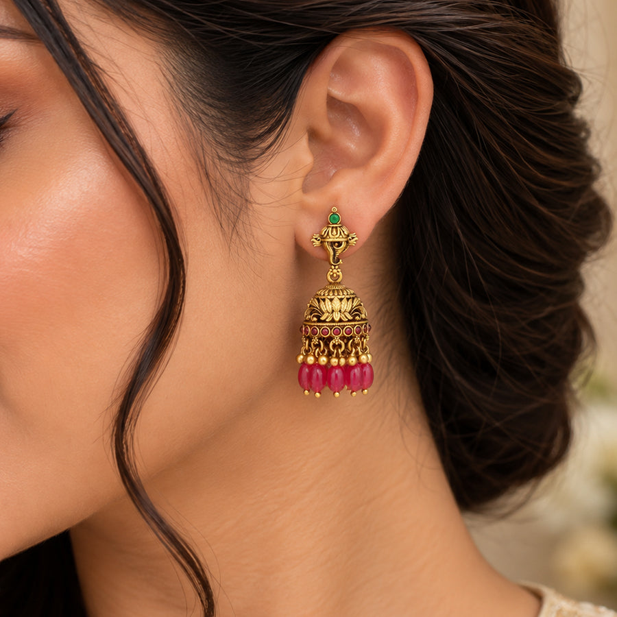 Traditional Lotus Motif 925 Sterling Silver Pink Drop Jhumka for Women