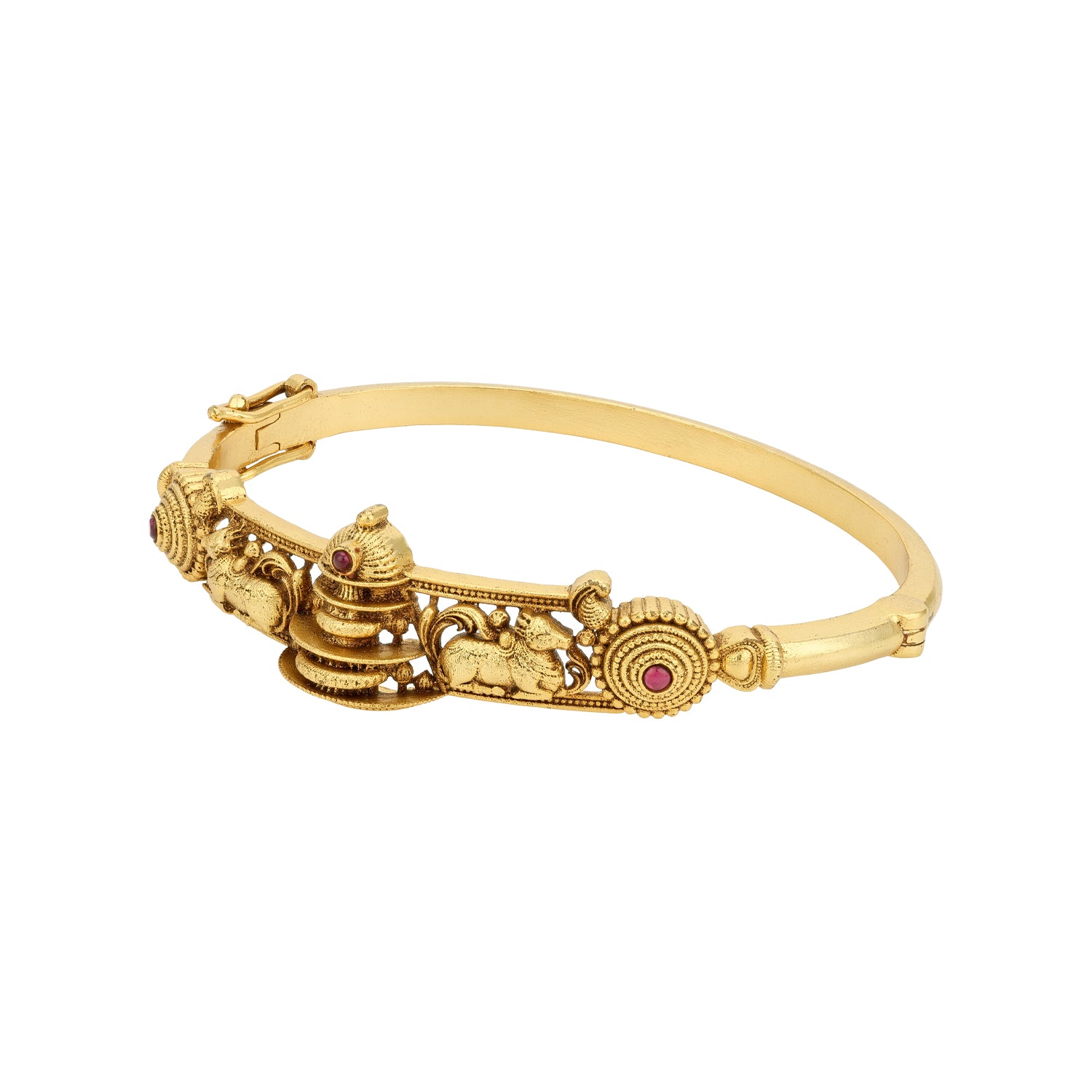 Traditional Temple Nandi Motif 925 Sterling Silver Pink Stone Kada for Women