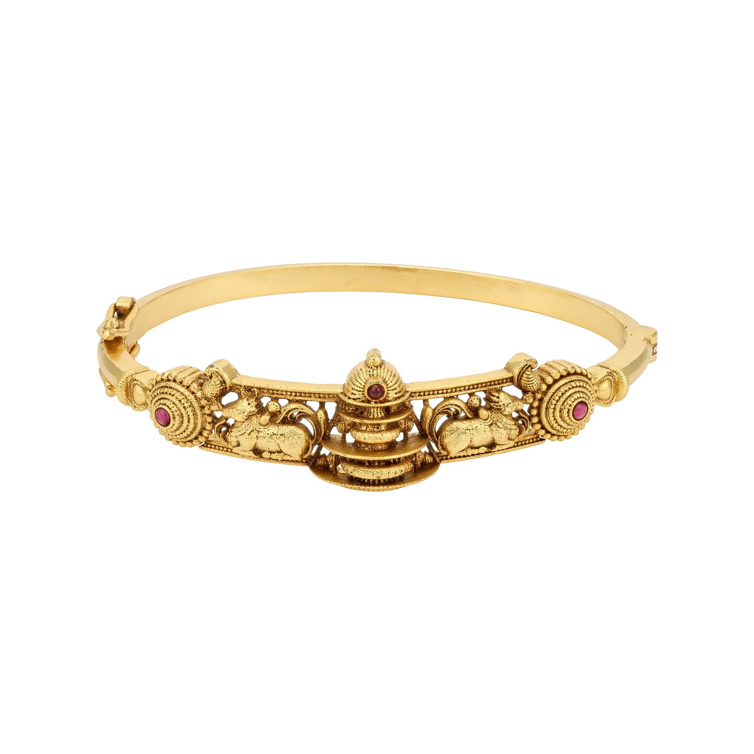 Traditional Temple Nandi Motif 925 Sterling Silver Pink Stone Kada for Women