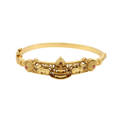 Traditional Temple Nandi Motif 925 Sterling Silver Pink Stone Kada for Women