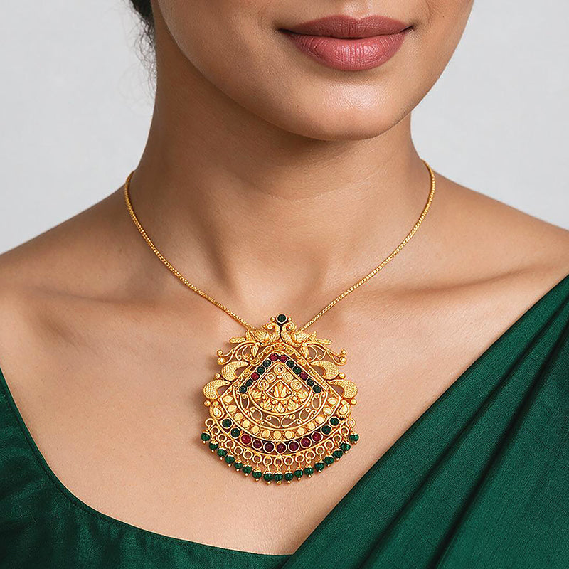 Traditional Temple Peacock Gold Plated Silver Pendant