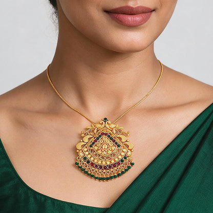 Traditional Temple Peacock Gold Plated Silver Pendant