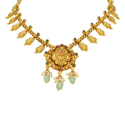 Traditional Deity Lakshmi Accent 925 Sterling Silver Pearl Green Drop Necklace for Women
