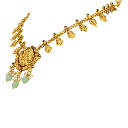 Traditional Deity Lakshmi Accent 925 Sterling Silver Pearl Green Drop Necklace for Women
