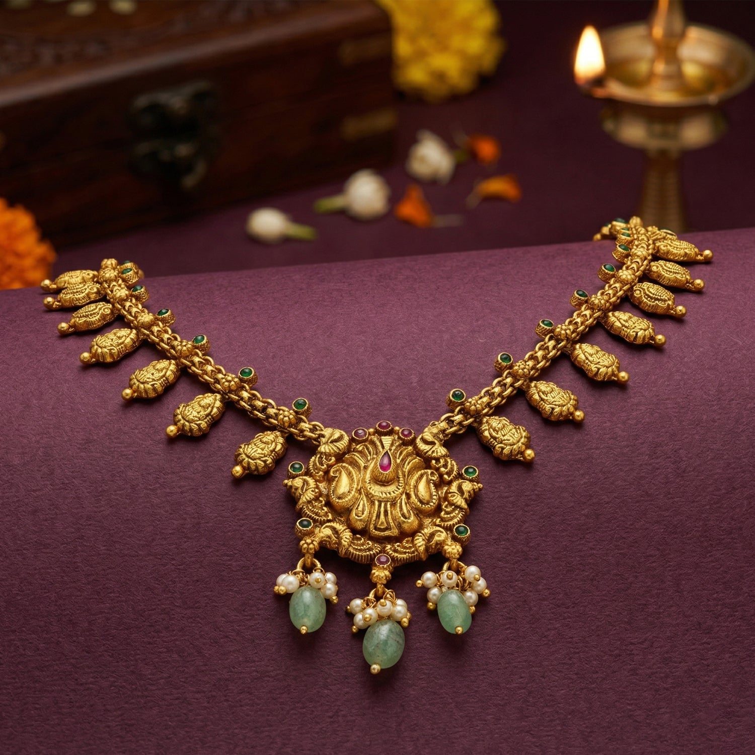 Traditional Deity Lakshmi Accent 925 Sterling Silver Pearl Green Drop Necklace for Women