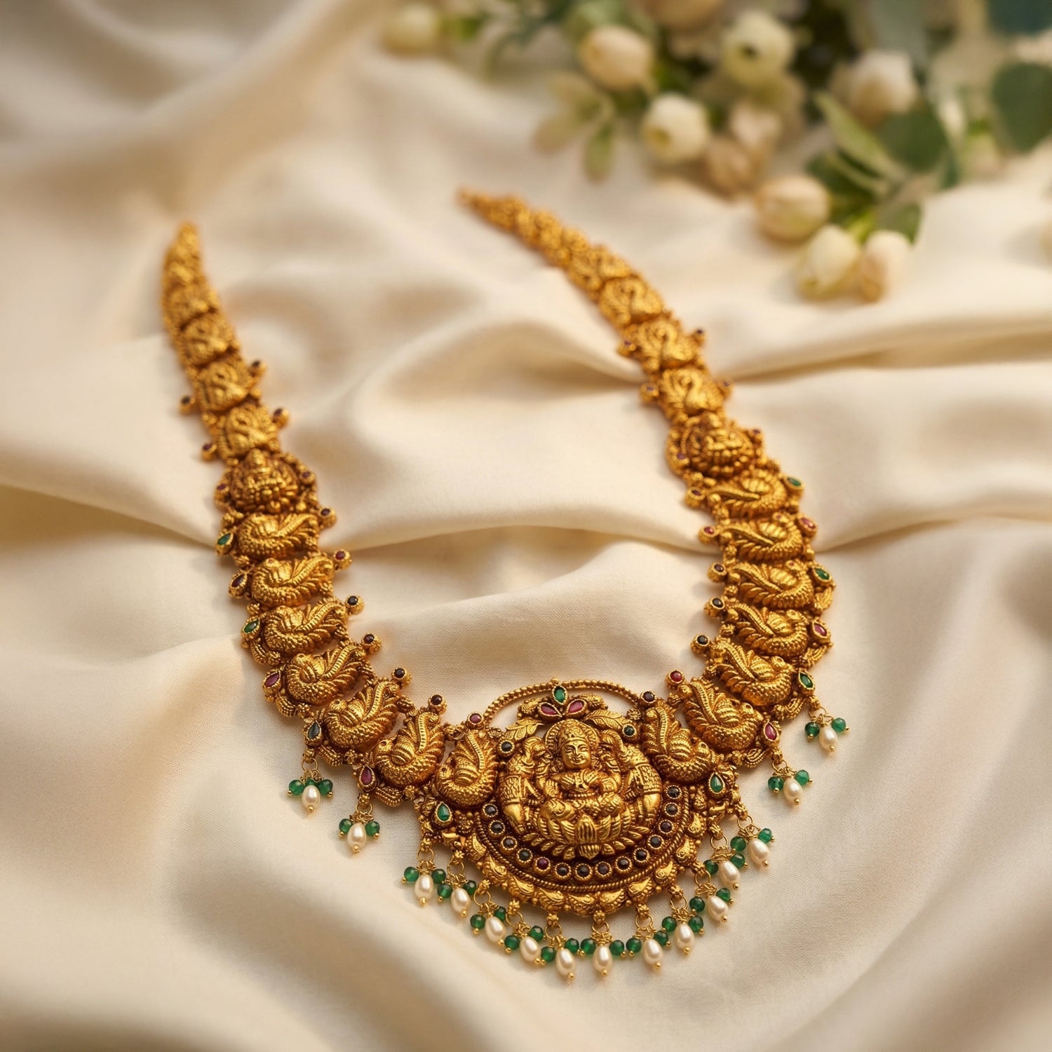 Traditional Deity Lakshmi Peacock Motif Accent 925 Sterling Silver Pearl Drop Haram for Women