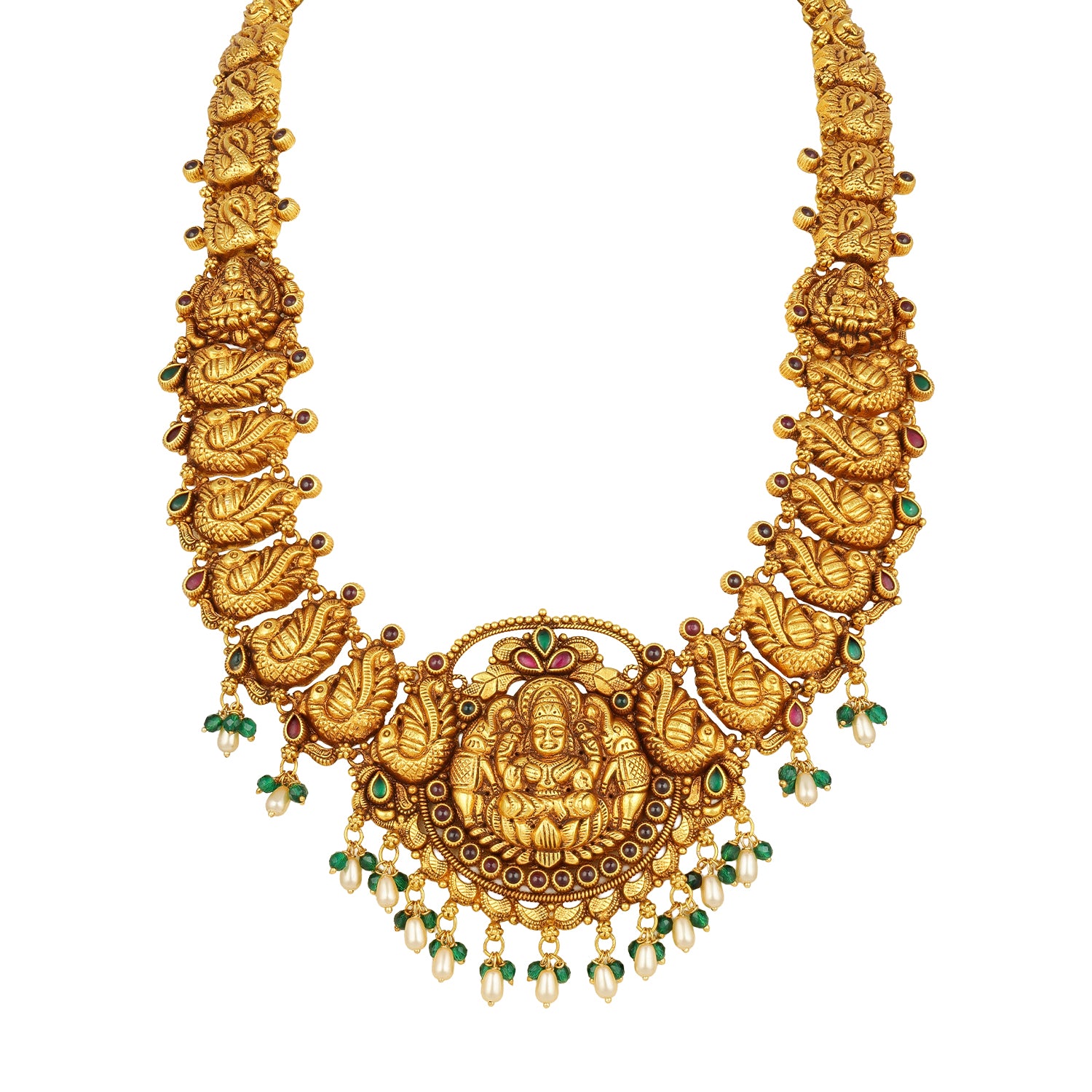 Traditional Deity Lakshmi Peacock Motif Accent 925 Sterling Silver Pearl Drop Haram for Women
