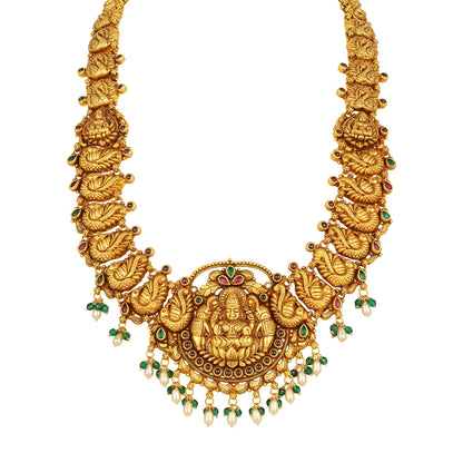 Traditional Deity Lakshmi Peacock Motif Accent 925 Sterling Silver Pearl Drop Haram for Women