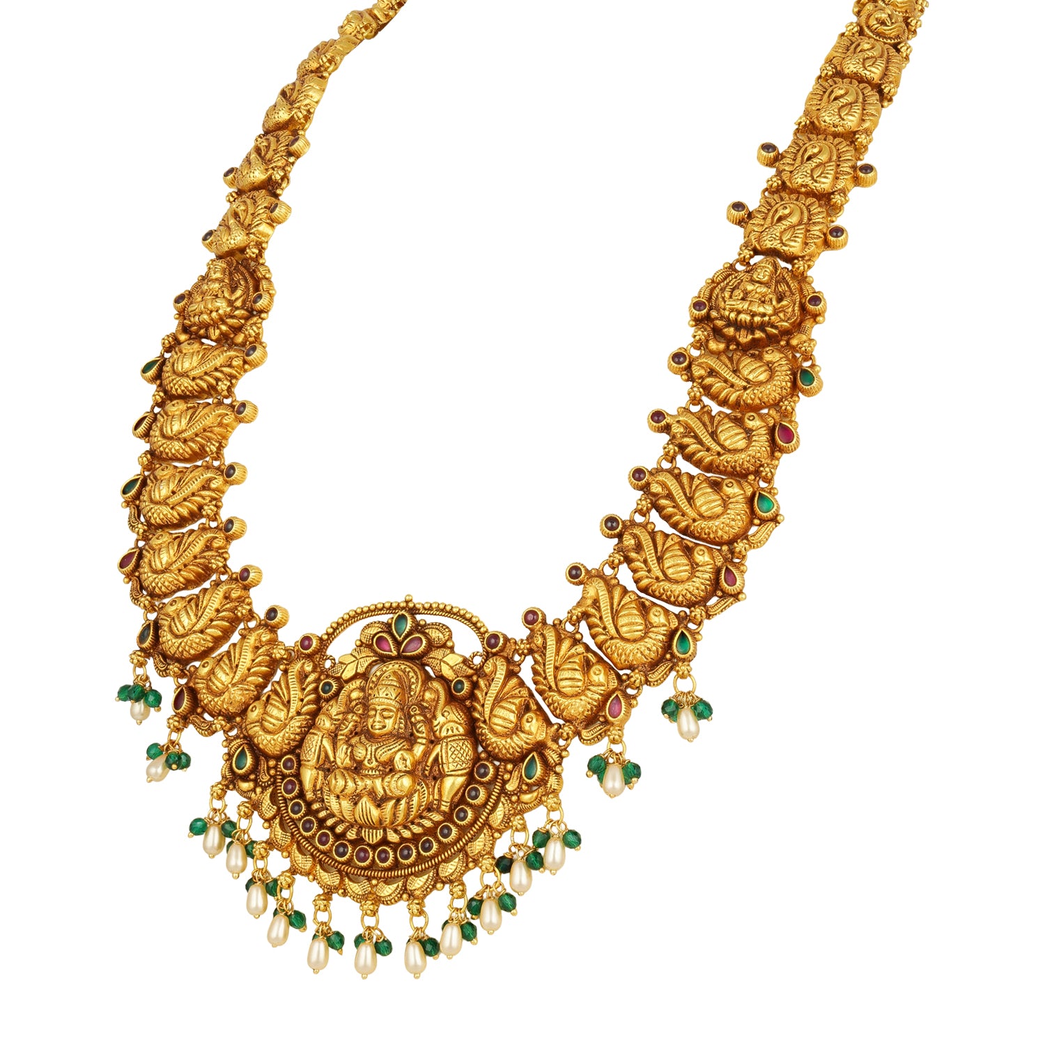 Traditional Deity Lakshmi Peacock Motif Accent 925 Sterling Silver Pearl Drop Haram for Women