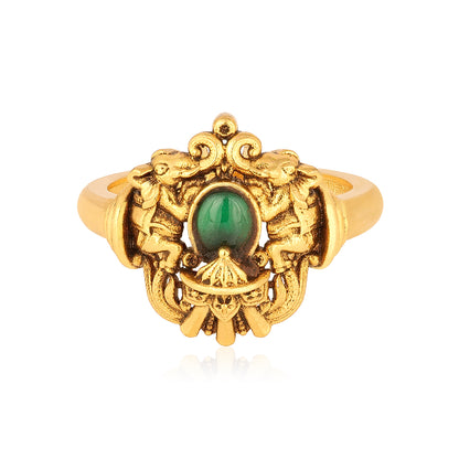 Traditional Elephant Motif 925 Silver Green Stone Ring for Women