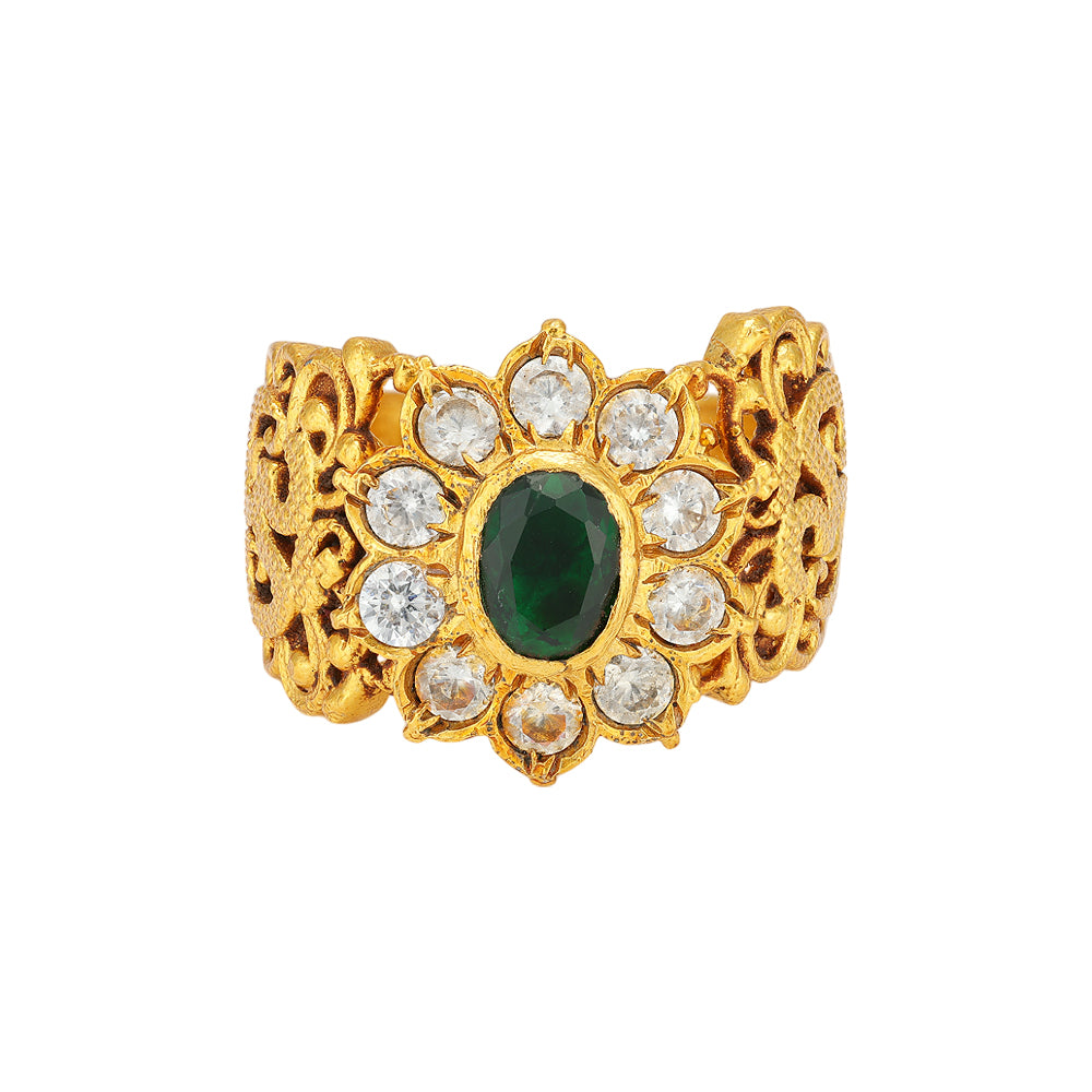 Traditional Floral Design 925 Engraved Green  Stone Rings