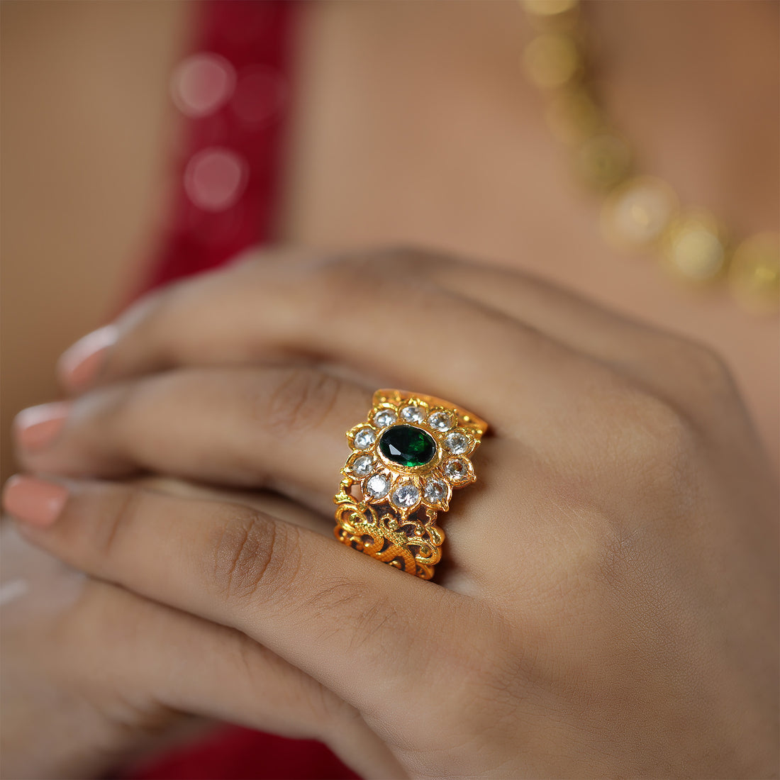 Traditional Floral Design 925 Engraved Green  Stone Rings