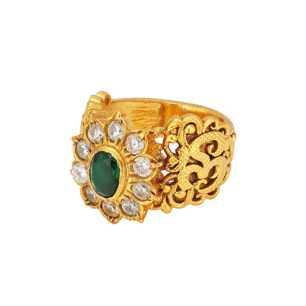 Traditional Floral Design 925 Engraved Green  Stone Rings