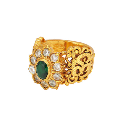 Traditional Floral Design 925 Engraved Green  Stone Rings