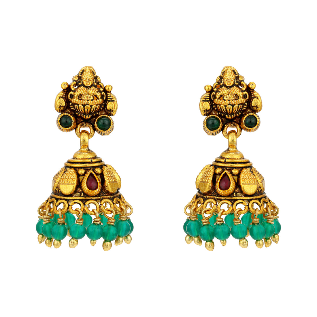 Traditional Goddess Lakshmi 925 Sterling Silver Green Drop Jhumka for Women