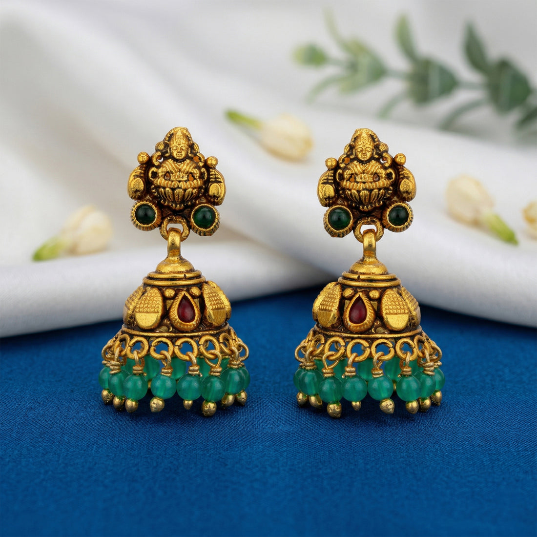 Traditional Goddess Lakshmi 925 Sterling Silver Green Drop Jhumka for Women
