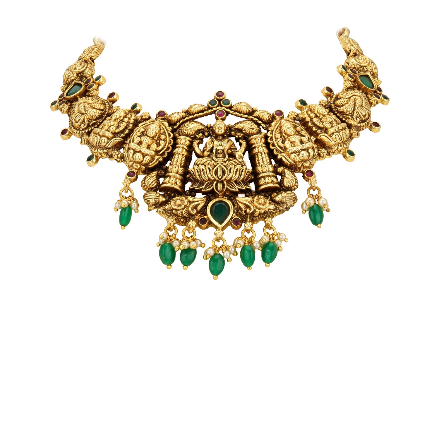 Traditional Goddess Lakshmi Motif Accent 925 Sterling Silver Green Drop Necklace for Women
