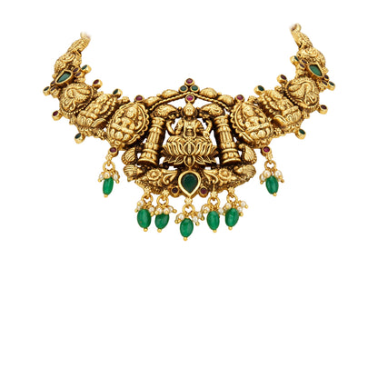 Traditional Goddess Lakshmi Motif Accent 925 Sterling Silver Green Drop Necklace for Women