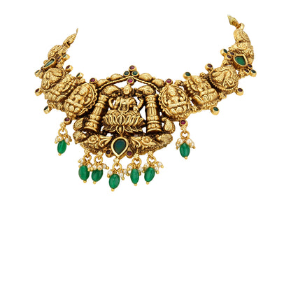 Traditional Goddess Lakshmi Motif Accent 925 Sterling Silver Green Drop Necklace for Women