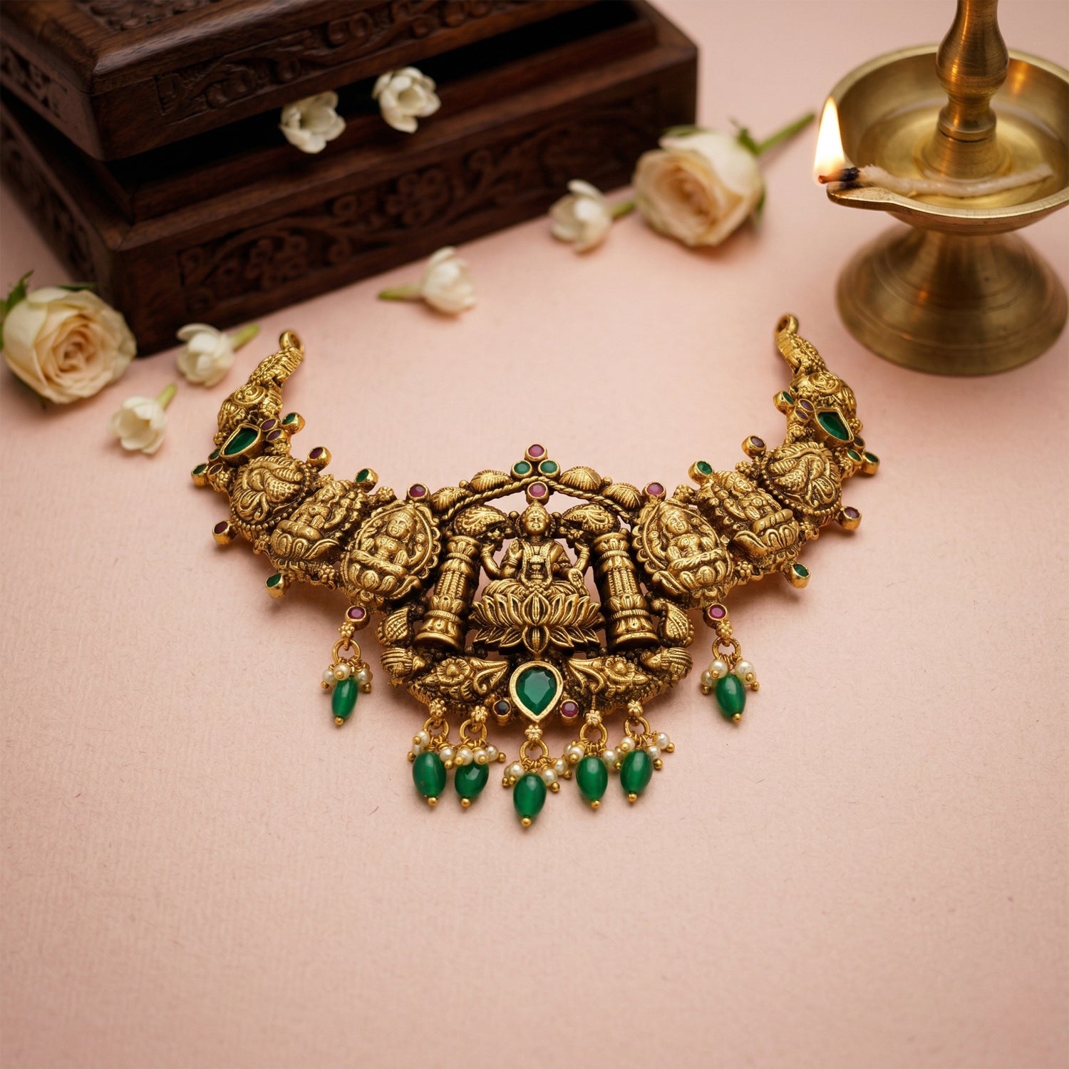Traditional Goddess Lakshmi Motif Accent 925 Sterling Silver Green Drop Necklace for Women
