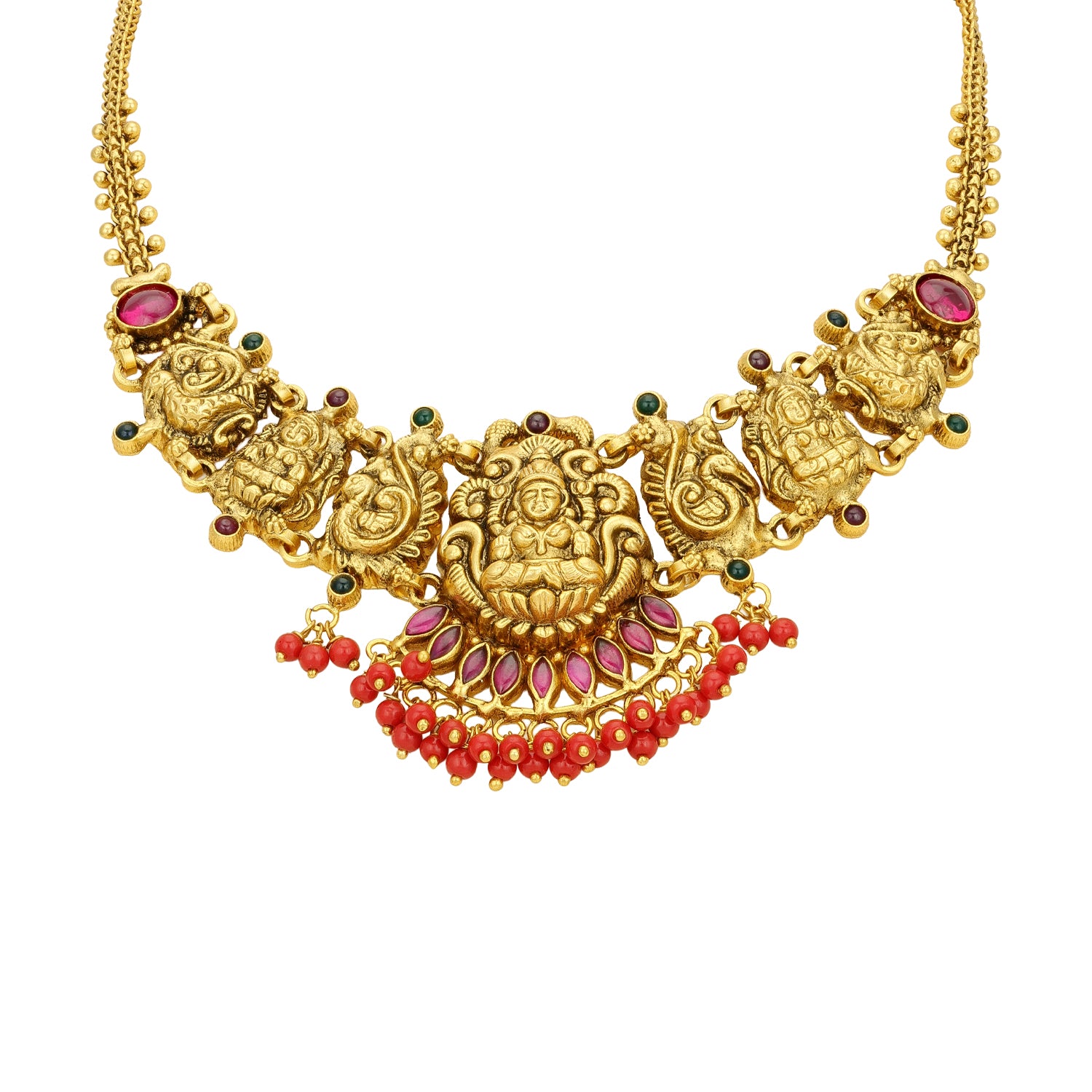 Traditional Goddess Lakshmi Peacock Cluster 925 Sterling Silver Coral Drop Necklace for Women
