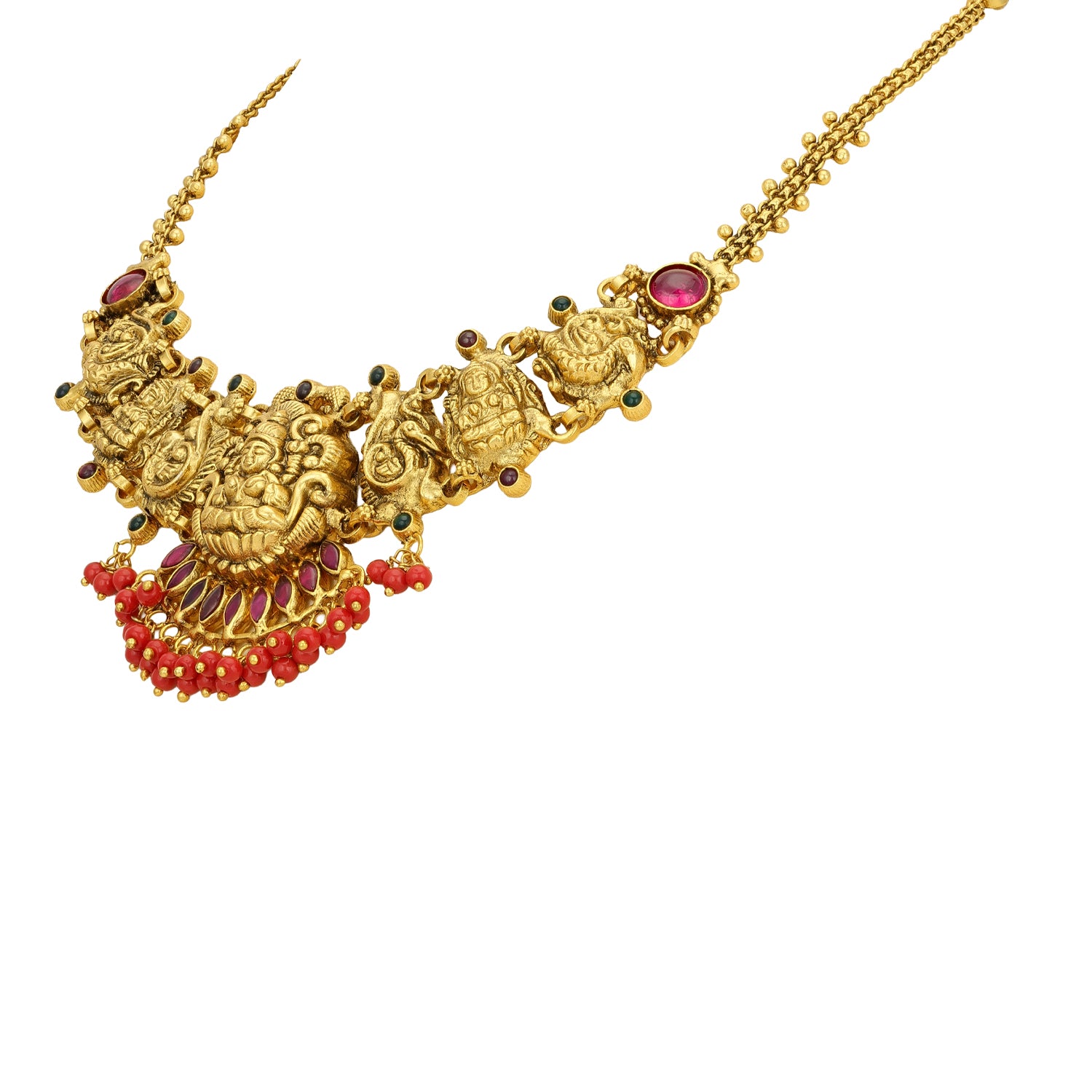 Traditional Goddess Lakshmi Peacock Cluster 925 Sterling Silver Coral Drop Necklace for Women