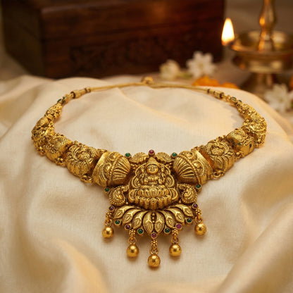 Traditional Goddess Lakshmi Peacock Motif 925 Sterling Silver Gold Drop Necklace for Women