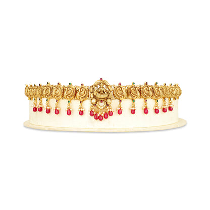Traditional Goddess Lakshmi Peacock Motif Gold Plated 925 Sterling Silver Pearl Pink Drop Oddiyanam for Women
