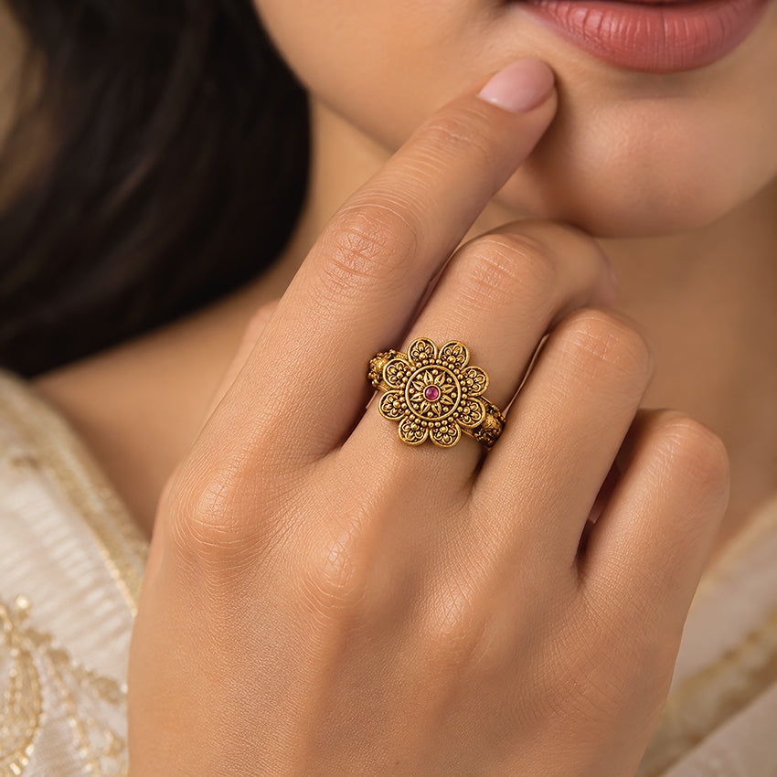 Traditional Gold Plated Flower Pattern 925 Silver Pink Stone Ring for Women