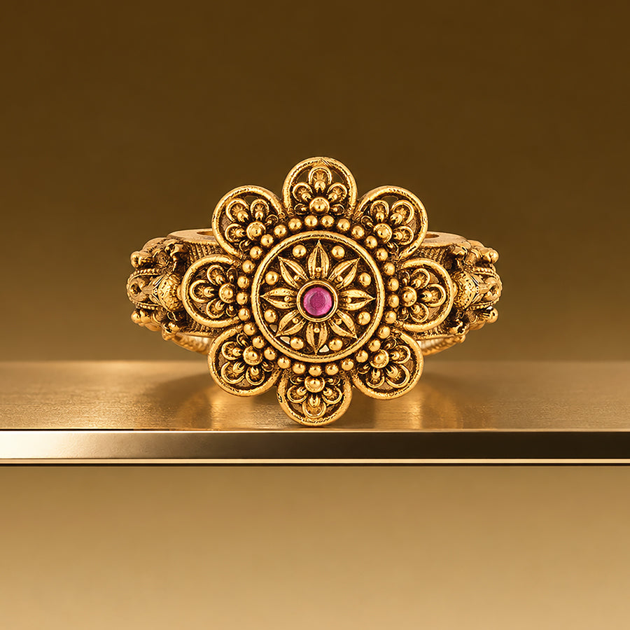 Traditional Gold Plated Flower Pattern 925 Silver Pink Stone Ring for Women