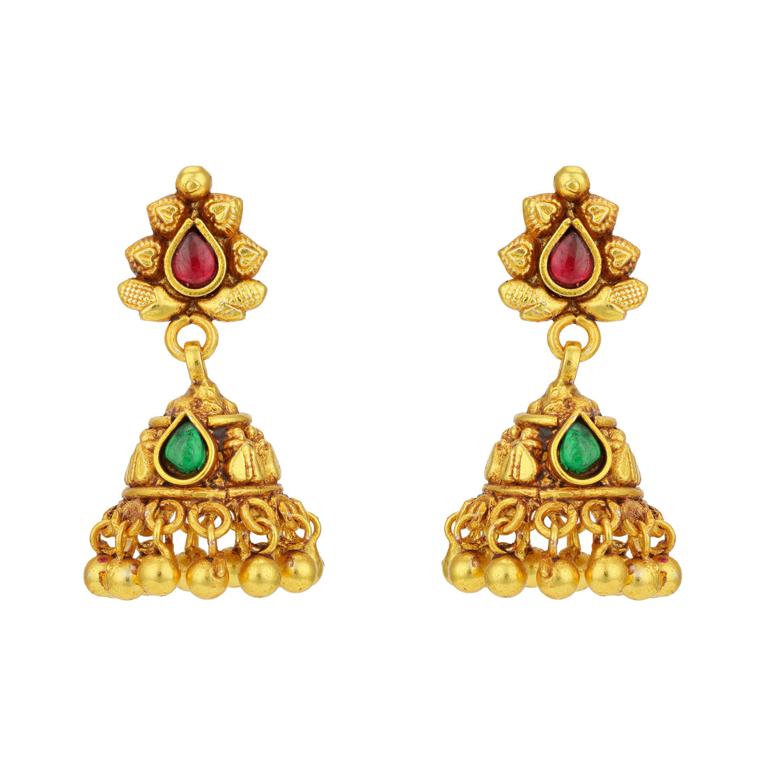 Traditional Gold Plated Heart Motif Red Green Teardrop 925 Sterling Silver Gold Drop Jhumka for Women