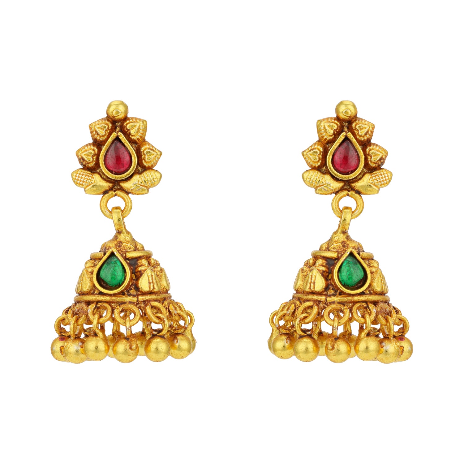 Traditional Gold Plated Heart Motif Red Green Teardrop 925 Sterling Silver Gold Drop Jhumka for Women