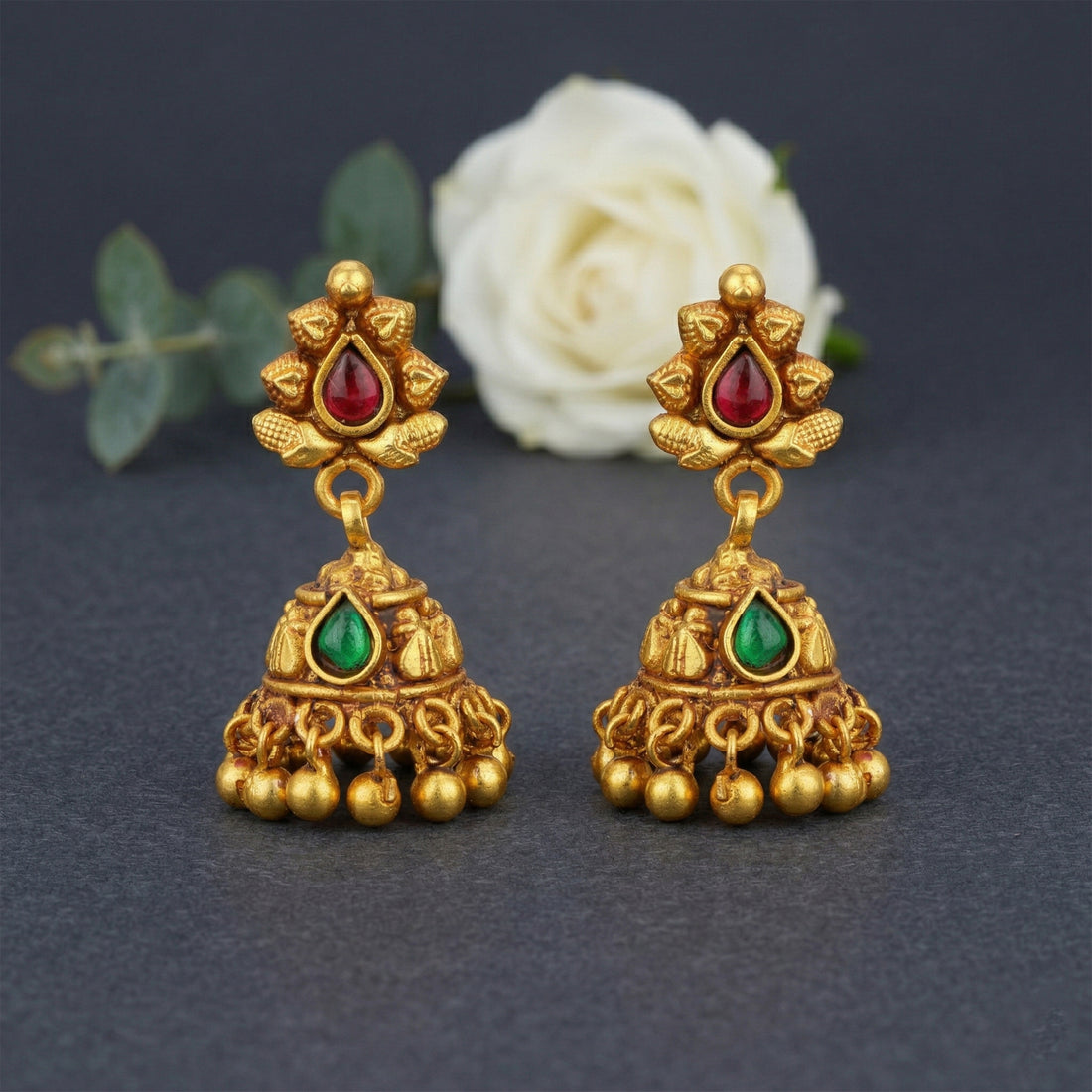Traditional Gold Plated Heart Motif Red Green Teardrop 925 Sterling Silver Gold Drop Jhumka for Women