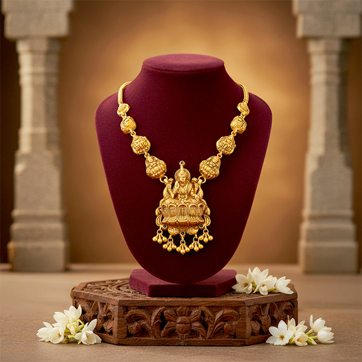 Traditional Gold Plated Lakshmi Lotus Gold Drop 925 Sterling Silver Necklace for Women