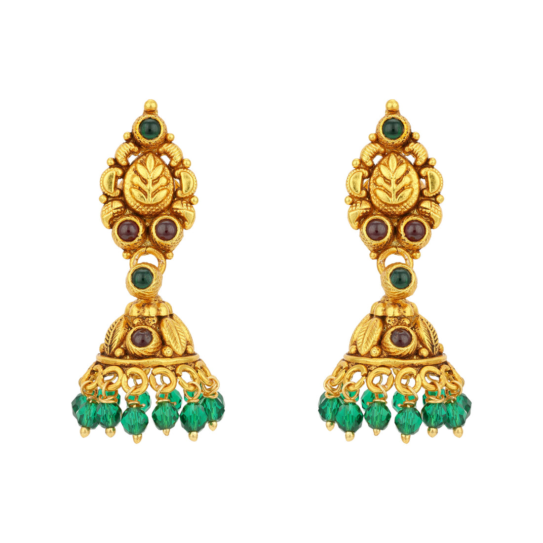 Traditional Gold Plated Leaf Motif Red Green Stones 925 Sterling Silver Green Bead Drop Jhumka for Women